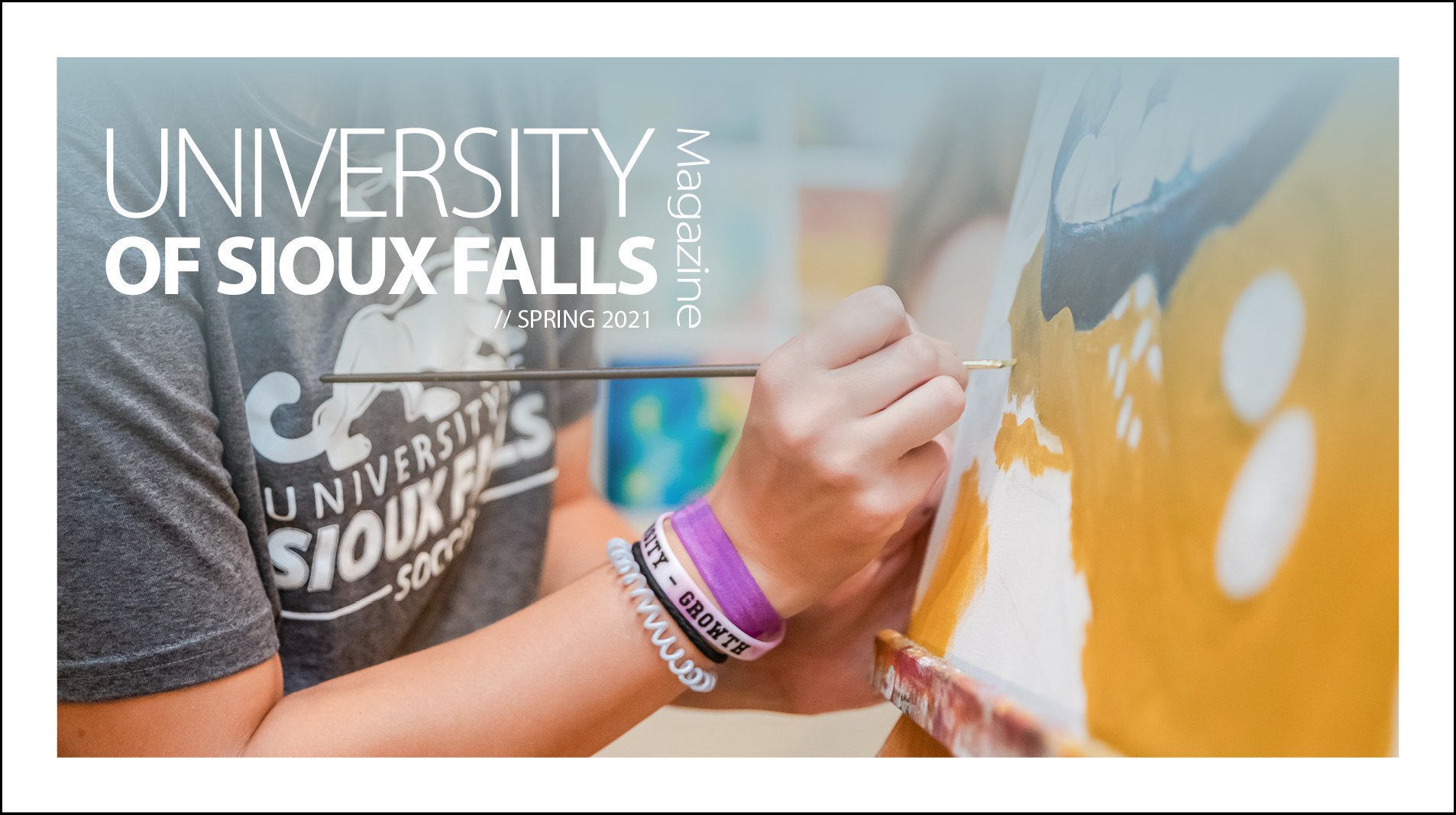 university of sioux falls magazine spring 2021 female painting with paint bruch